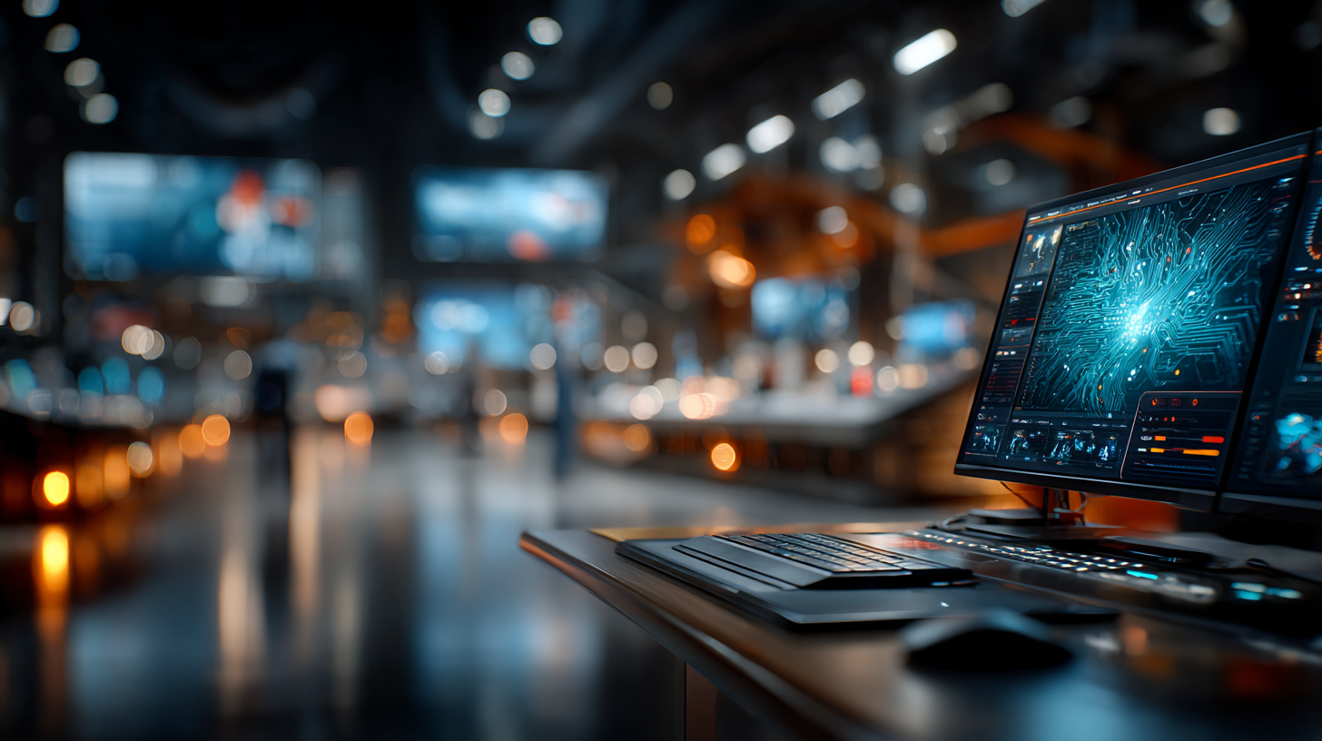 Futuristic workstation showing an illuminated neural circuit interface