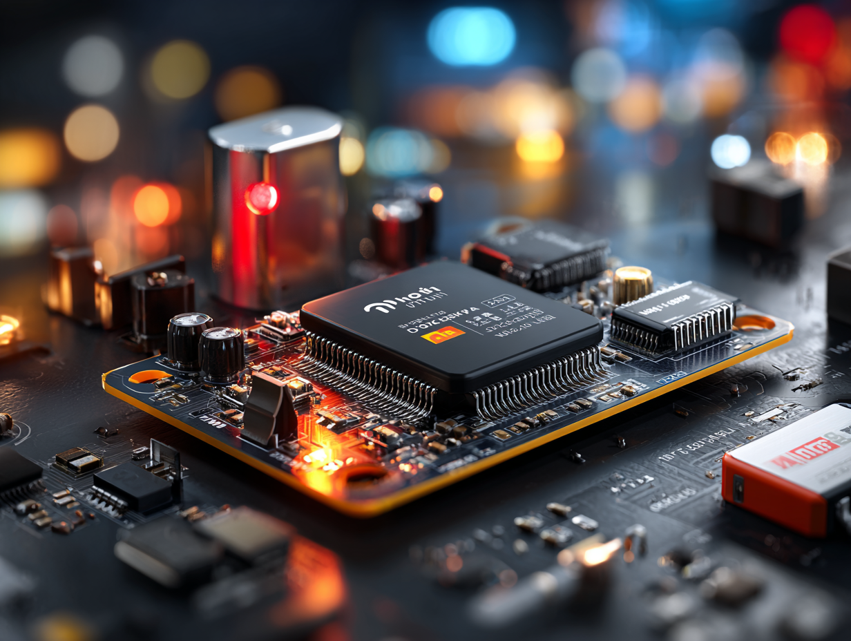 Close-up view of a PCB with glowing components